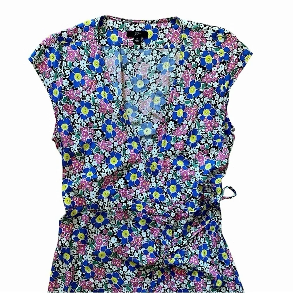 J. Crew Fabrizia Blue Pink Jersey Midi Ditsy Floral Wrap Retro Midi Dress